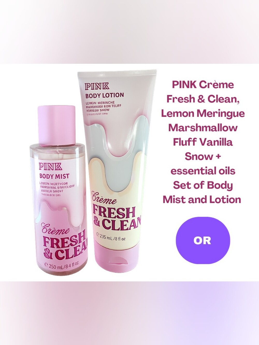 PINK Crème Fresh & Clean, Lemon Meringue Marshmallow Fluff Vanilla Snow Set Of 2